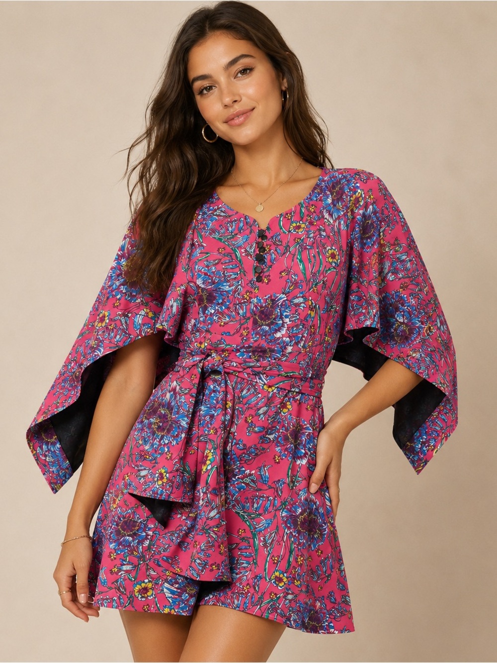 Prabal Gurung Floral Pink Mini Dress | Cape Sleeve Boho SZ 6